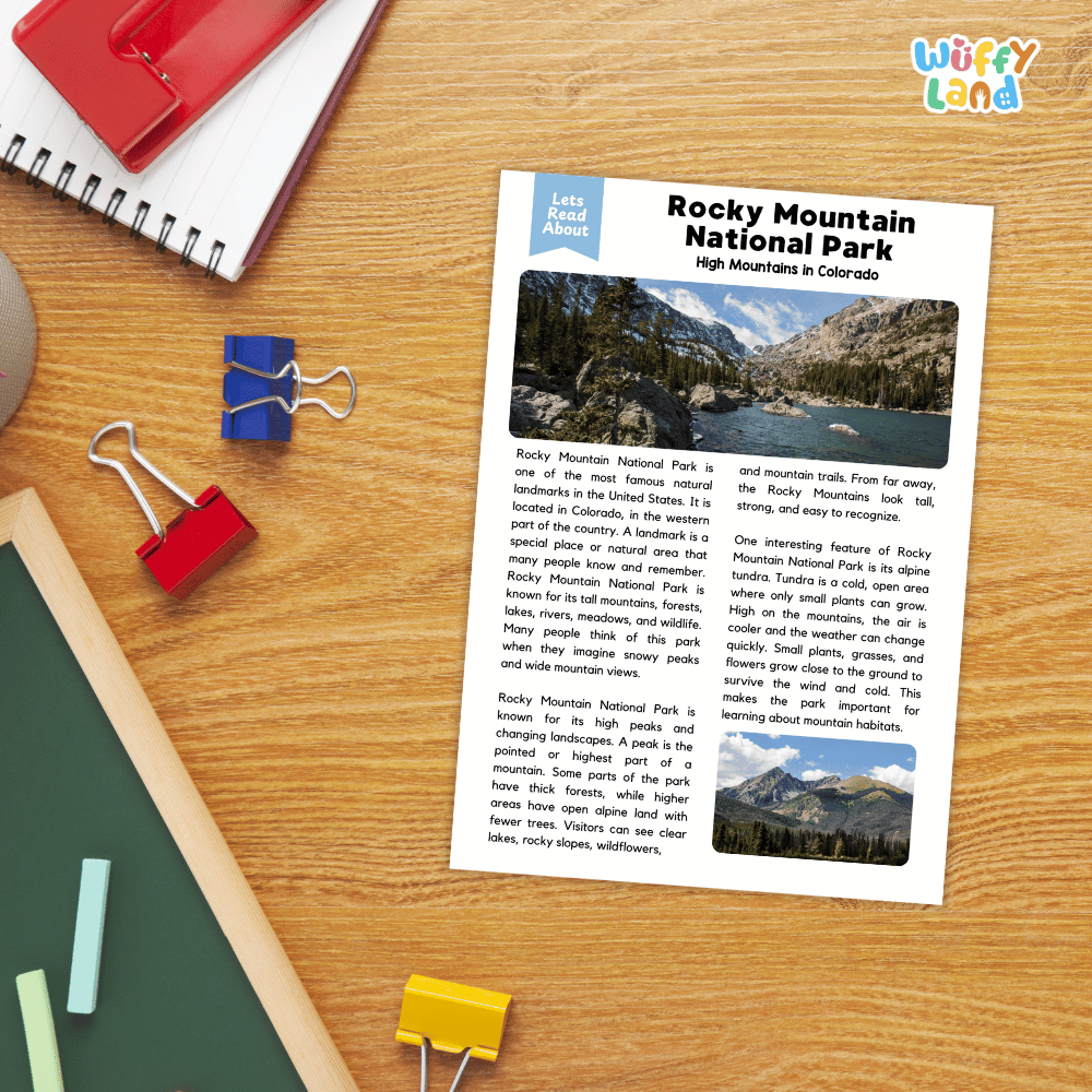 Lined reading comprehension question worksheet covering main ideas, vocabulary terms, and landmark facts about Rocky Mountain National Park