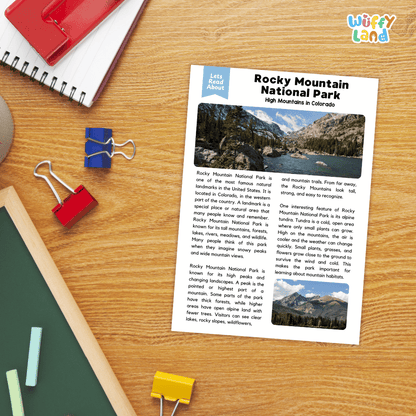 Lined reading comprehension question worksheet covering main ideas, vocabulary terms, and landmark facts about Rocky Mountain National Park