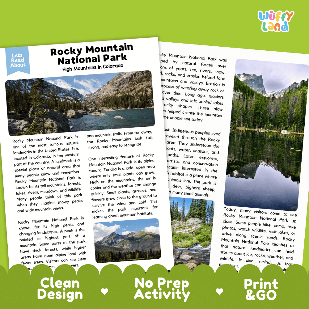 Reference sheet and answer key for Rocky Mountain National Park landmark reading passage displaying completed comprehension answers and nature facts