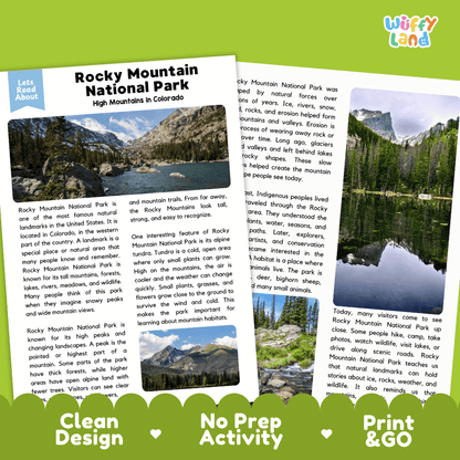 Reference sheet and answer key for Rocky Mountain National Park landmark reading passage displaying completed comprehension answers and nature facts