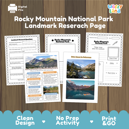Digital file preview of a Rocky Mountain National Park landmark research page activity sheet set, shown on a wood background with feature badges at the bottom.