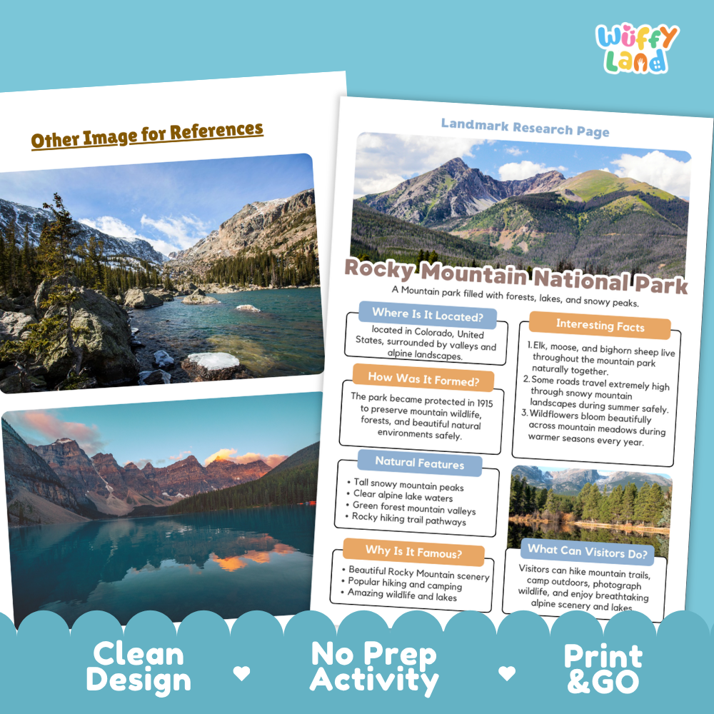 Two printed educational poster sheets about Rocky Mountain National Park are shown on a clean white background with a blue decorative footer. The sheets feature landscape photography, text sections, and colorful headers.