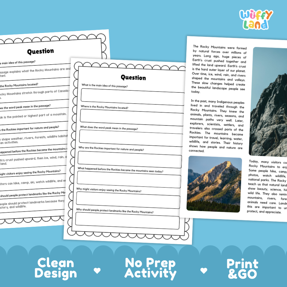 Three printable educational worksheet pages about the Rocky Mountains are shown on a white background with a blue decorative footer banner. The pages include a main title, a question section with prompts, a short reading passage, and a small landscape photo.