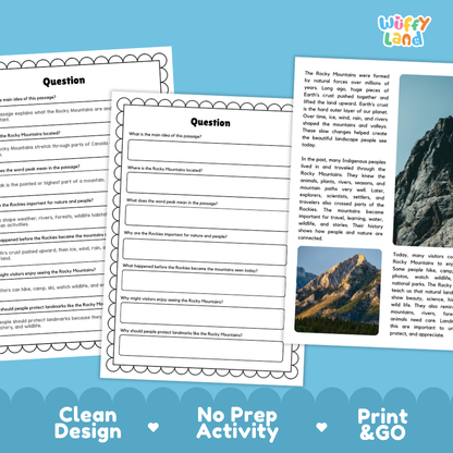 Three printable educational worksheet pages about the Rocky Mountains are shown on a white background with a blue decorative footer banner. The pages include a main title, a question section with prompts, a short reading passage, and a small landscape photo.