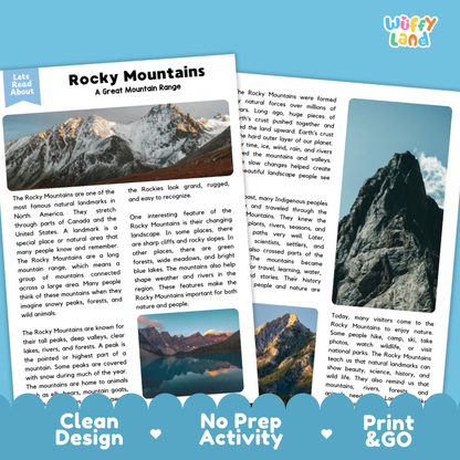Three printed activity cards about the Rocky Mountains are shown on a white background with a blue 'Wuffly land' logo in the top right. The cards feature text panels and small scenic photos, with marketing callouts reading 'Clean Design,' 'No Prep Activity,' and 'Print & Go.