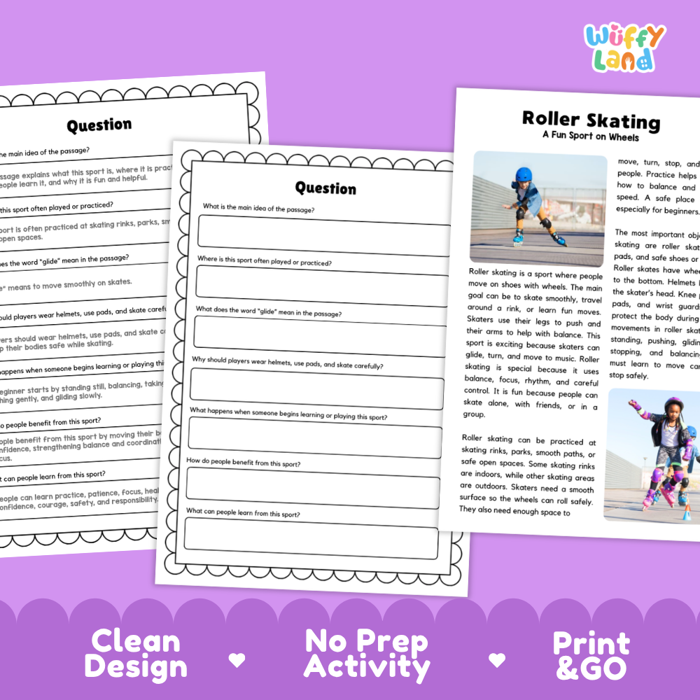 Roller Skating Sports Reading Passages Worksheets and Comprehension Activity