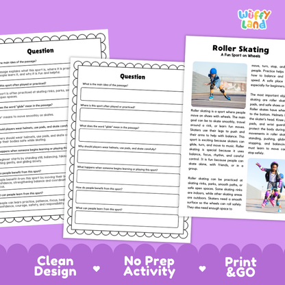 Roller Skating Sports Reading Passages Worksheets and Comprehension Activity