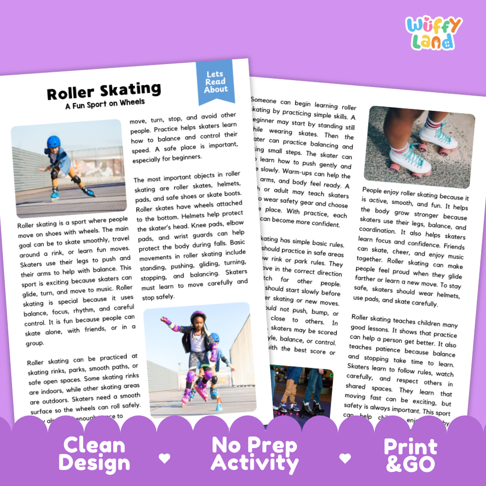 Roller Skating Sports Reading Passages Worksheets and Comprehension Activity
