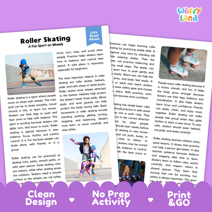Roller Skating Sports Reading Passages Worksheets and Comprehension Activity