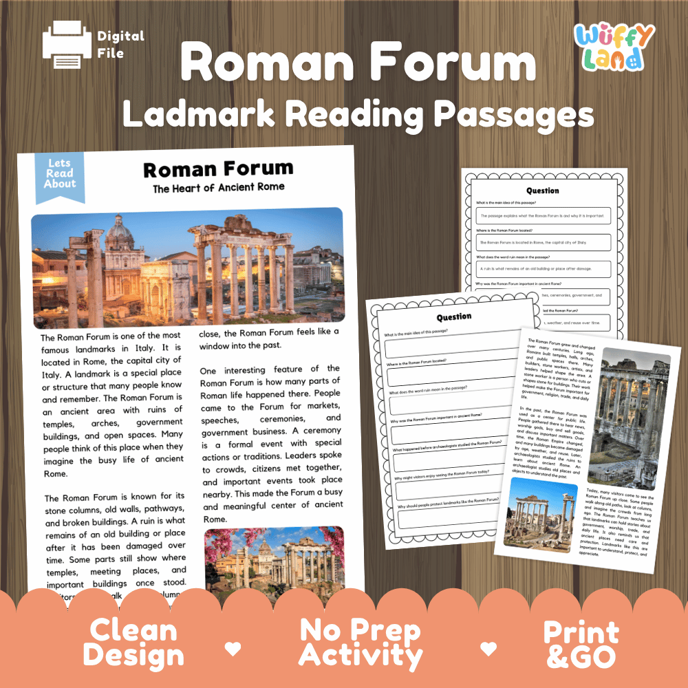 Roman Forum landmark reading passages educational study unit featuring nonfiction reading worksheets and authentic Roman ruins photography