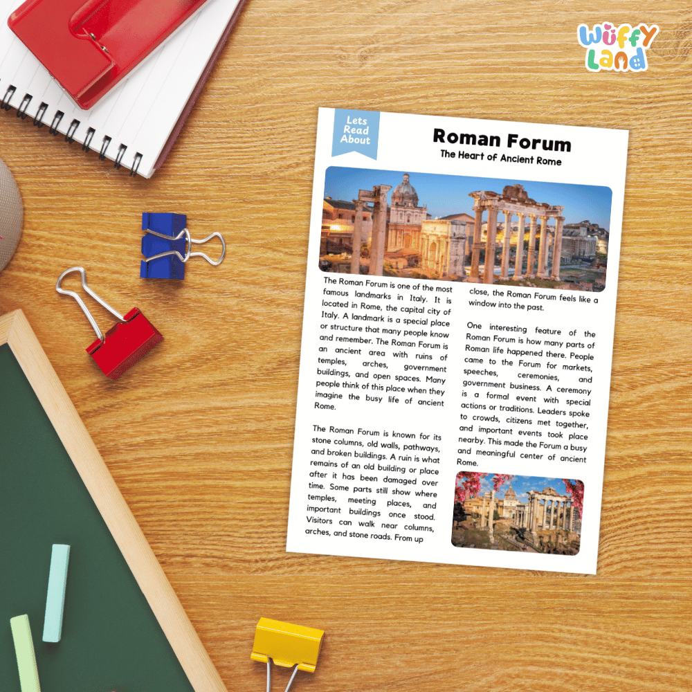 Lined reading comprehension question worksheet covering main ideas vocabulary terms and landmark facts about the Roman Forum