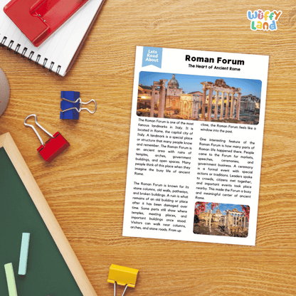Lined reading comprehension question worksheet covering main ideas vocabulary terms and landmark facts about the Roman Forum