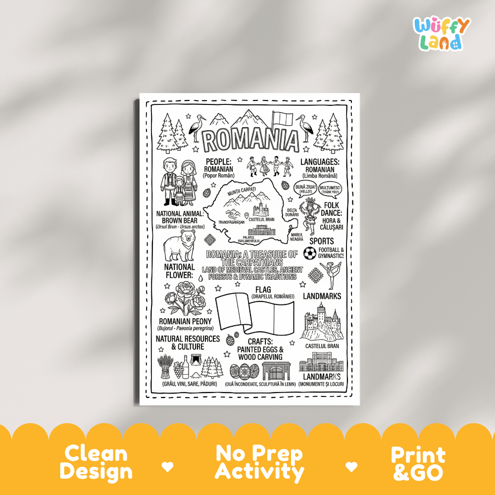 Educational activity coloring page highlighting Romanian Brown Bear Ursus arctos, Peony Paeonia peregrina flower, and flag
