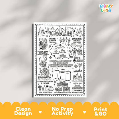 Educational activity coloring page highlighting Romanian Brown Bear Ursus arctos, Peony Paeonia peregrina flower, and flag