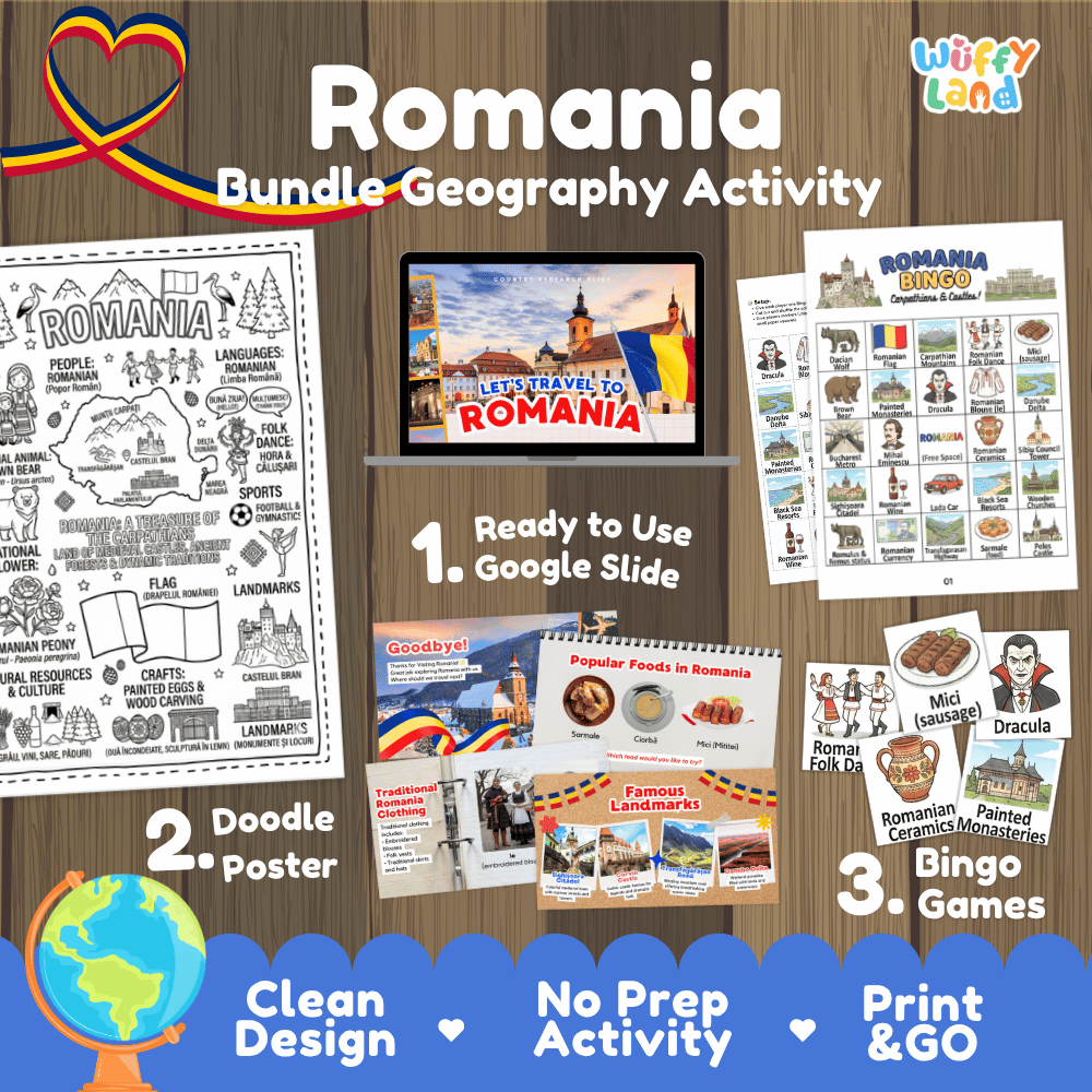 Complete Romania geography activity bundle featuring Google Slides, doodle coloring poster, and classroom bingo games 🇷🇴🎒