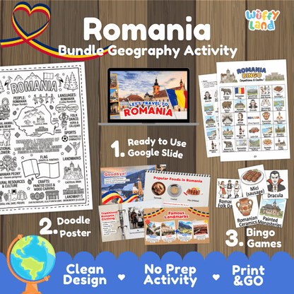 Complete Romania geography activity bundle featuring Google Slides, doodle coloring poster, and classroom bingo games 🇷🇴🎒