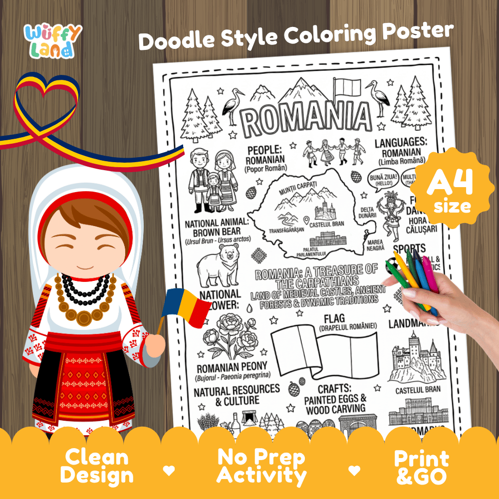 Romania country study doodle style coloring poster printable page featuring map, Bran Castle, and cultural symbols