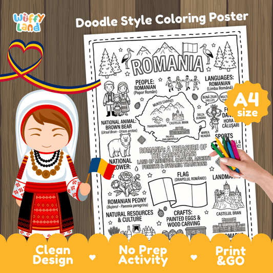 Romania country study doodle style coloring poster printable page featuring map, Bran Castle, and cultural symbols