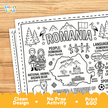 Cultural coloring page featuring traditional Romanian folk dress, Hora dance, painted eggs, wood carving, and Buna ziua greeting speech bubbles