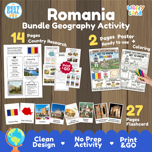 Romania geography activity bundle cover showing 14 country research pages, 2 ready to use coloring posters, and 27 photo flashcards