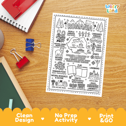 Doodle map coloring sheet showing Romania, Carpathian Mountains, Bran Castle, Palace of the Parliament, and Transfagarasan