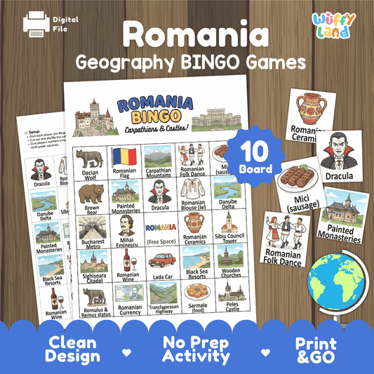 Classroom educational Bingo game cards featuring Dracula, Mici sausage, Painted Monasteries, and Romanian Folk Dance 🎲🥩