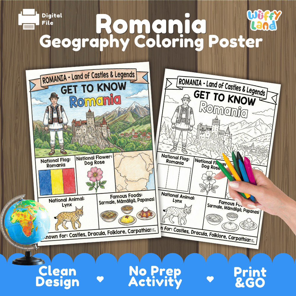 Romania Geography Coloring Poster | Country Study Research Worksheet Activity