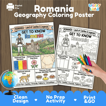 Romania Geography Coloring Poster | Country Study Research Worksheet Activity