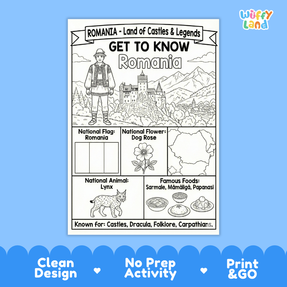 Romania Geography Coloring Poster | Country Study Research Worksheet Activity