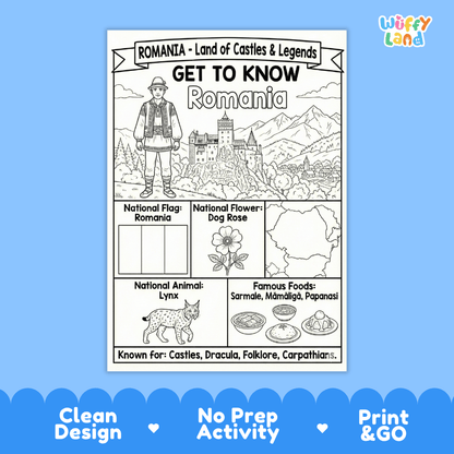 Romania Geography Coloring Poster | Country Study Research Worksheet Activity