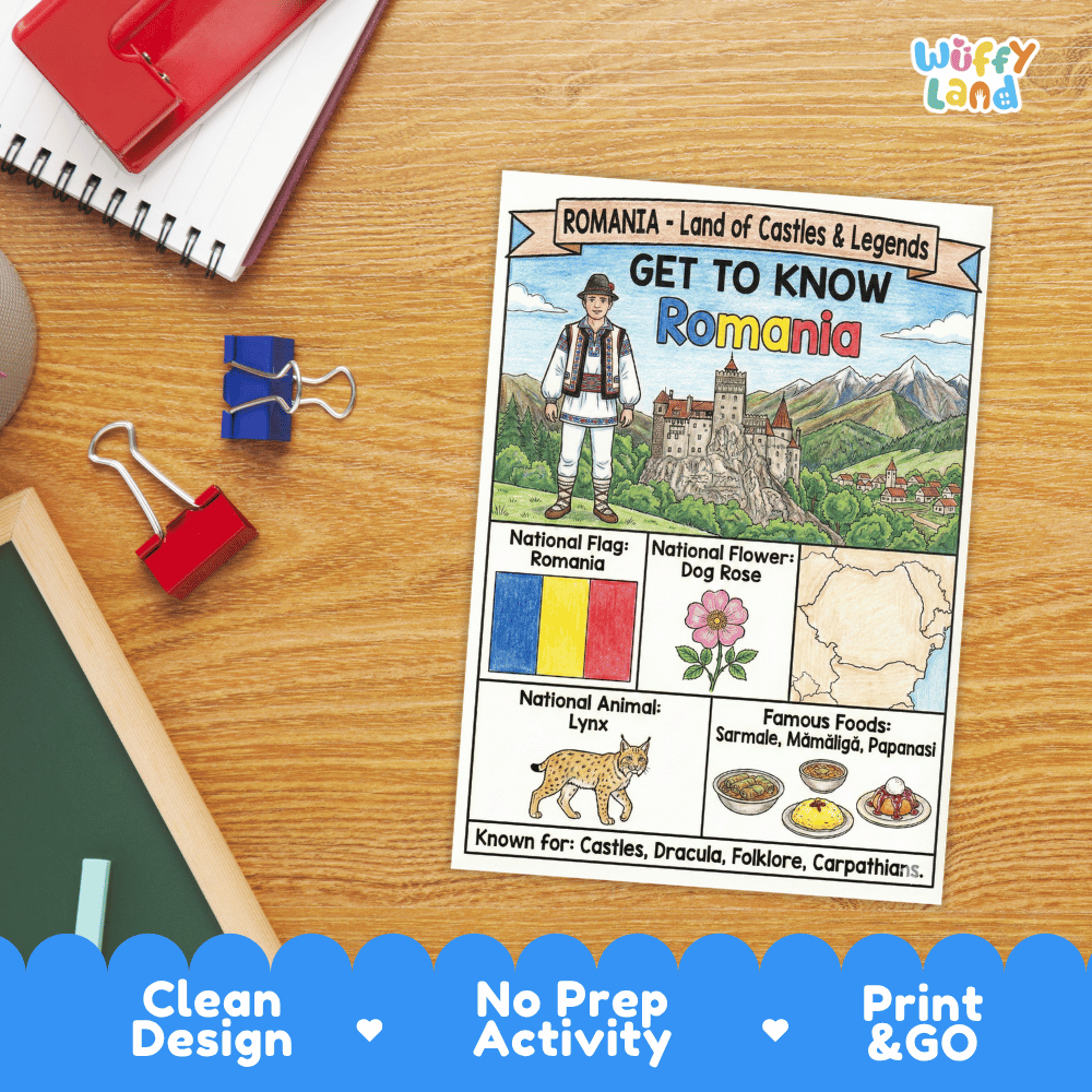 Romania Geography Coloring Poster | Country Study Research Worksheet Activity