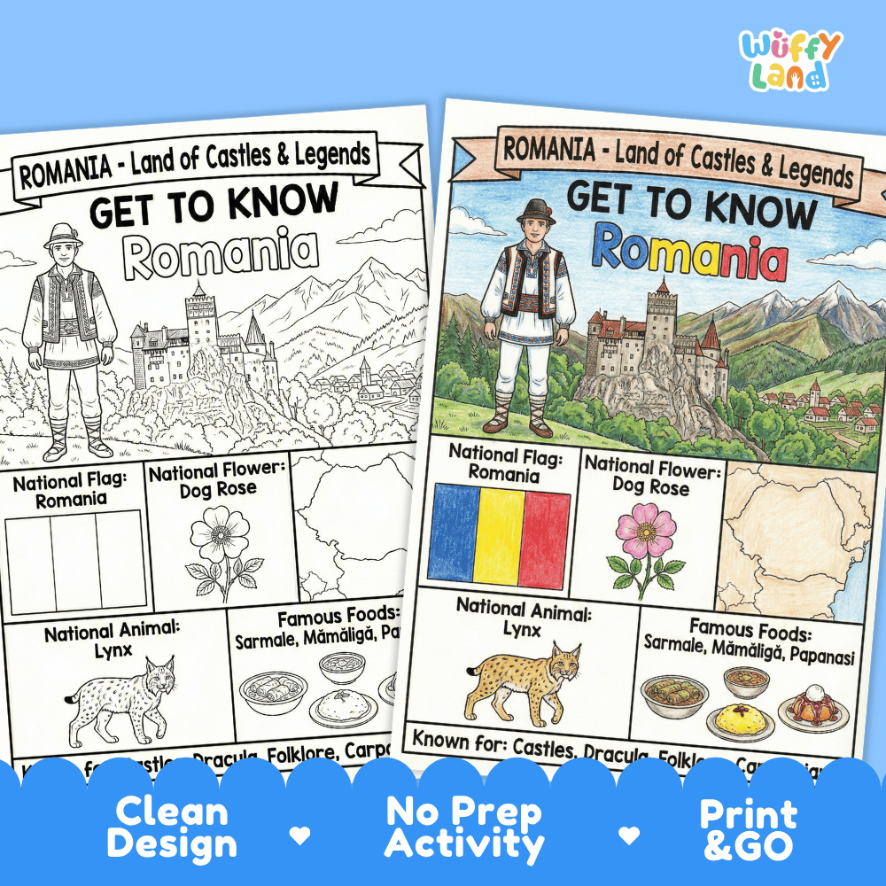 Romania Geography Coloring Poster | Country Study Research Worksheet Activity