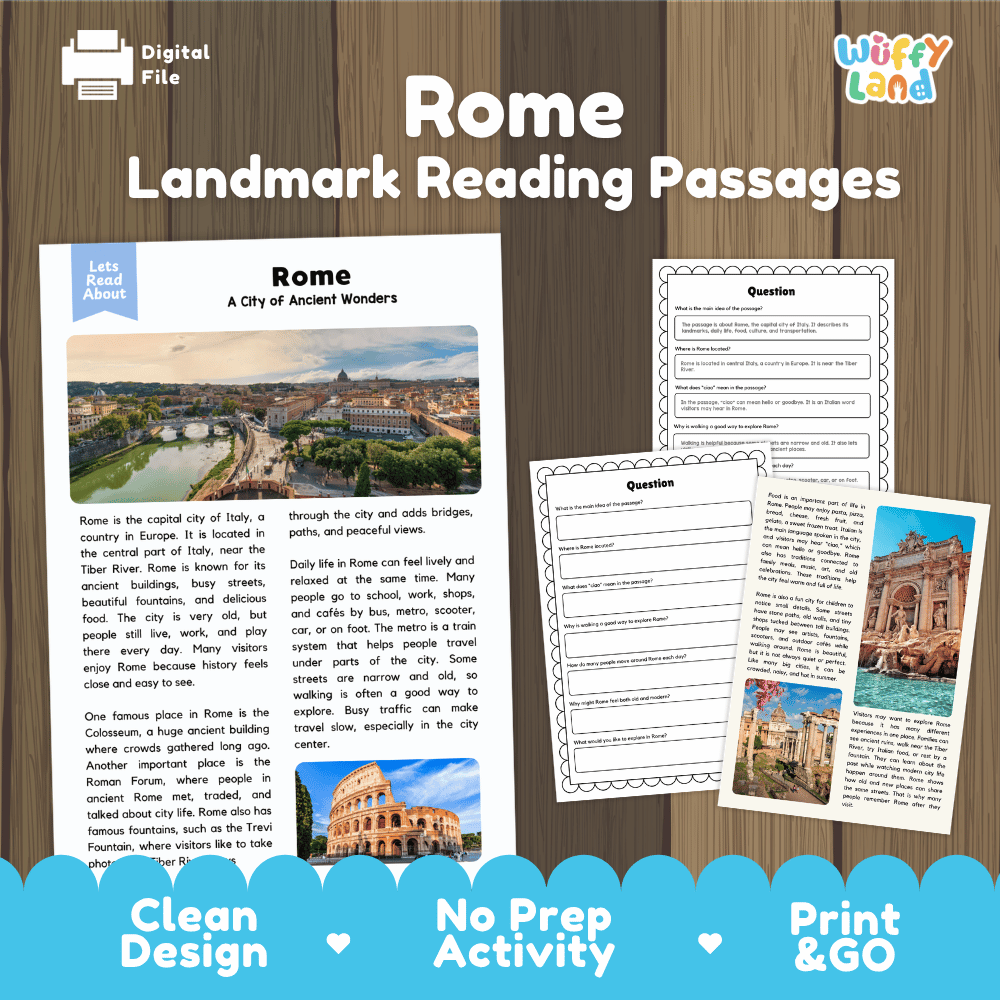Rome landmark reading passage and comprehension worksheet educational unit featuring nonfiction text and authentic Italian architecture photography