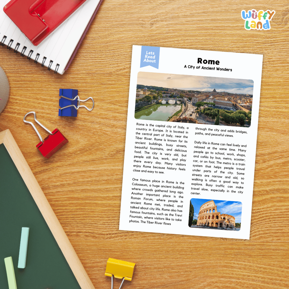 Lined reading comprehension question worksheet covering main ideas vocabulary terms and landmark facts about Rome Italy