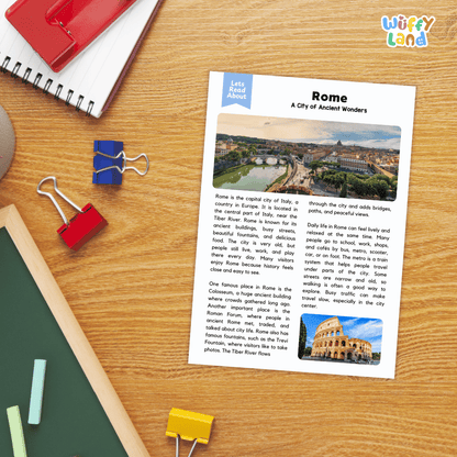 Lined reading comprehension question worksheet covering main ideas vocabulary terms and landmark facts about Rome Italy