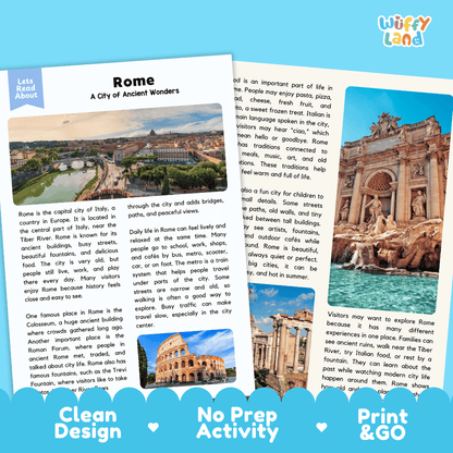 Reference sheet and answer key for Rome landmark reading passage displaying completed comprehension answers and European geography facts