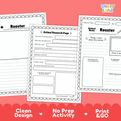 Rooster Animal Research Page Worksheets and Fact Sheet Activity