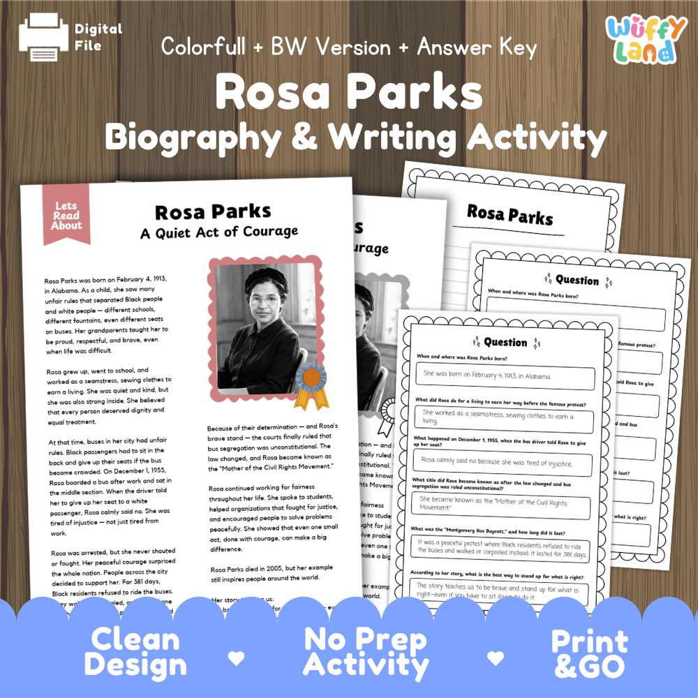 Digital activity sheet set for 'Rosa Parks Biography & Writing Activity' from Uffy Land, featuring a colorful cover page with a black-and-white portrait of Rosa Parks and several printable worksheet pages layered behind it on a wood background.