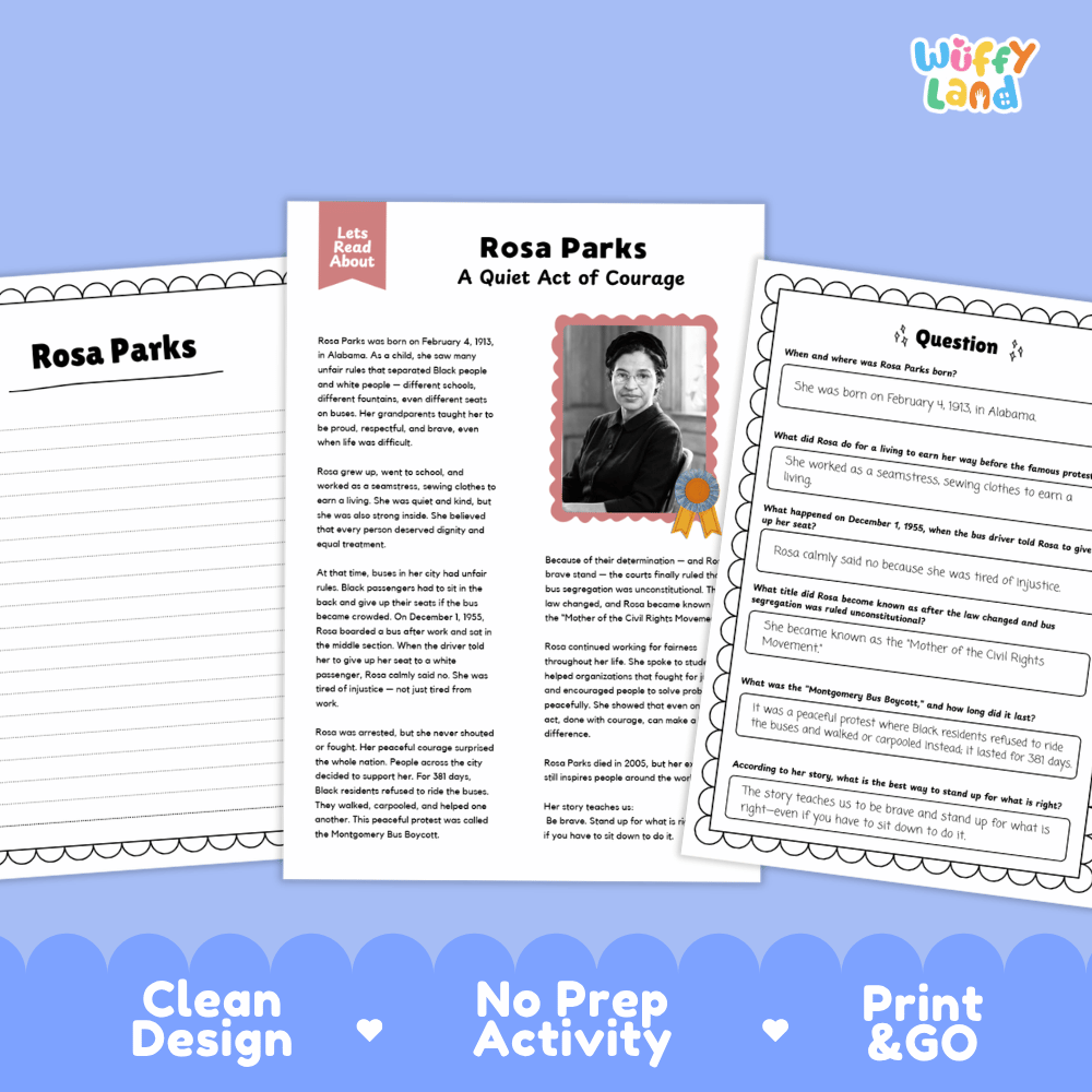 A printed educational activity sheet titled 'Rosa Parks: A Quiet Act of Courage' shown on a light blue background with two additional overlapping pages. The sheet includes text, a small portrait photo of Rosa Parks, and worksheet question areas.