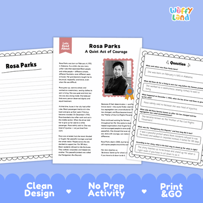 A printed educational activity sheet titled 'Rosa Parks: A Quiet Act of Courage' shown on a light blue background with two additional overlapping pages. The sheet includes text, a small portrait photo of Rosa Parks, and worksheet question areas.