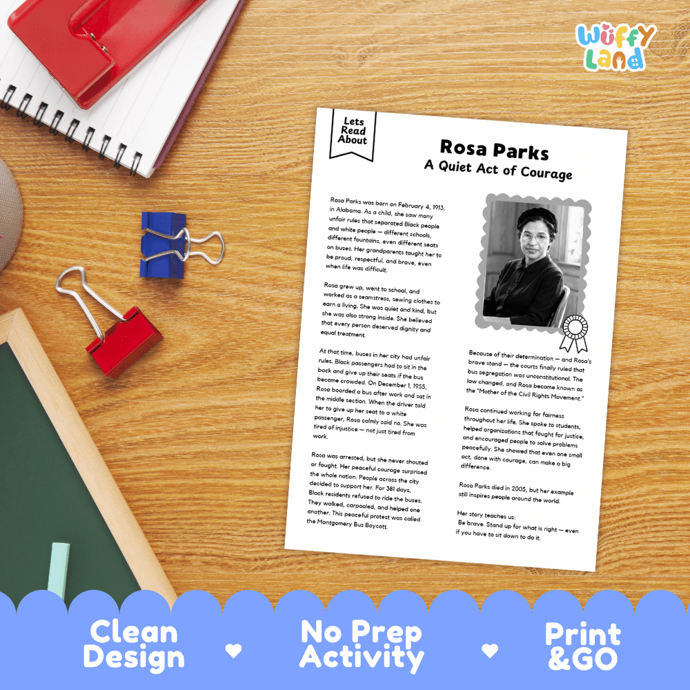 A printed educational worksheet about Rosa Parks titled 'Rosa Parks: A Quiet Act of Courage' shown on a wooden desk with a spiral notebook, binder clips, and pens. The sheet includes a photo of Rosa Parks, body text, and decorative badges.
