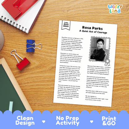 A printed educational worksheet about Rosa Parks titled 'Rosa Parks: A Quiet Act of Courage' shown on a wooden desk with a spiral notebook, binder clips, and pens. The sheet includes a photo of Rosa Parks, body text, and decorative badges.