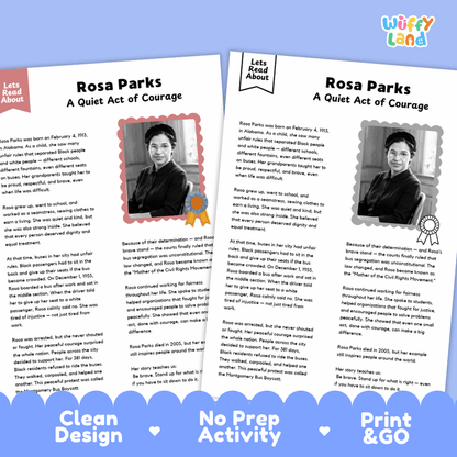 Two printable educational activity sheets about Rosa Parks, shown on a blue background with the brand name 'wuffly land' in the top right. The sheets contain text, three small historical photos, and award graphics, with blue banners at the bottom reading 'Clean Design', 'No Prep Activity', and 'Print & GO'.