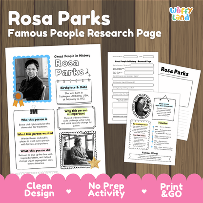 A product listing graphic for a 'Rosa Parks Famous People Research Page' educational activity sheet. The image shows three printable worksheet pages laid out on a dark wood background, with a pink banner at the bottom reading 'Clean Design', 'No Prep Activity', and 'Print & GO'.