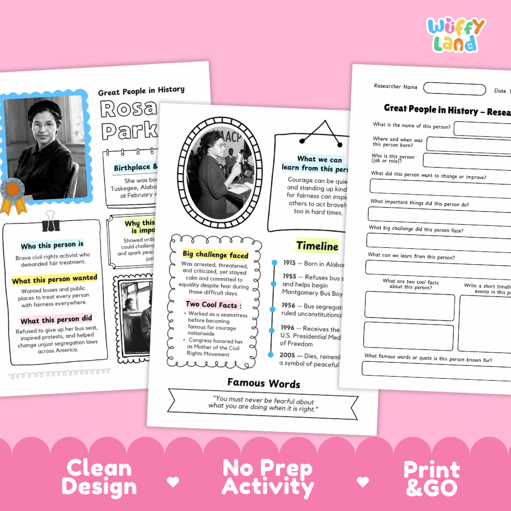 Three printable educational activity sheets for Great People in History are displayed on a pink background. The sheets feature colorful templates for a Rosa Parks biography, a timeline activity, and a famous words crossword.