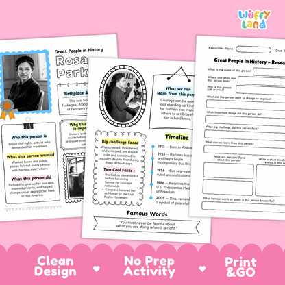 Three printable educational activity sheets for Great People in History are displayed on a pink background. The sheets feature colorful templates for a Rosa Parks biography, a timeline activity, and a famous words crossword.