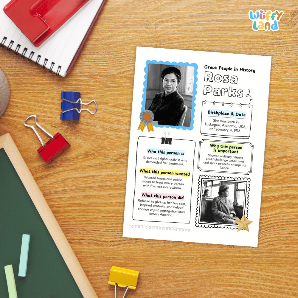A printed educational poster about Rosa Parks laid on a wooden desk, surrounded by school supplies including binder clips, a spiral notebook, chalk, and a red folder. The poster has a white background with colorful text blocks, photo frames, and decorative borders.