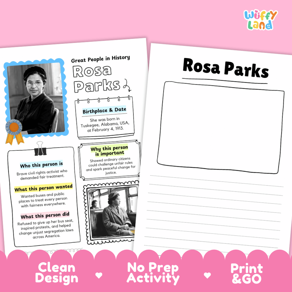 Two educational activity sheets for Rosa Parks displayed on a pink background. The left sheet is a printed informational card with text, a portrait photo, and labeled sections.