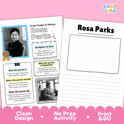 Two educational activity sheets for Rosa Parks displayed on a pink background. The left sheet is a printed informational card with text, a portrait photo, and labeled sections.