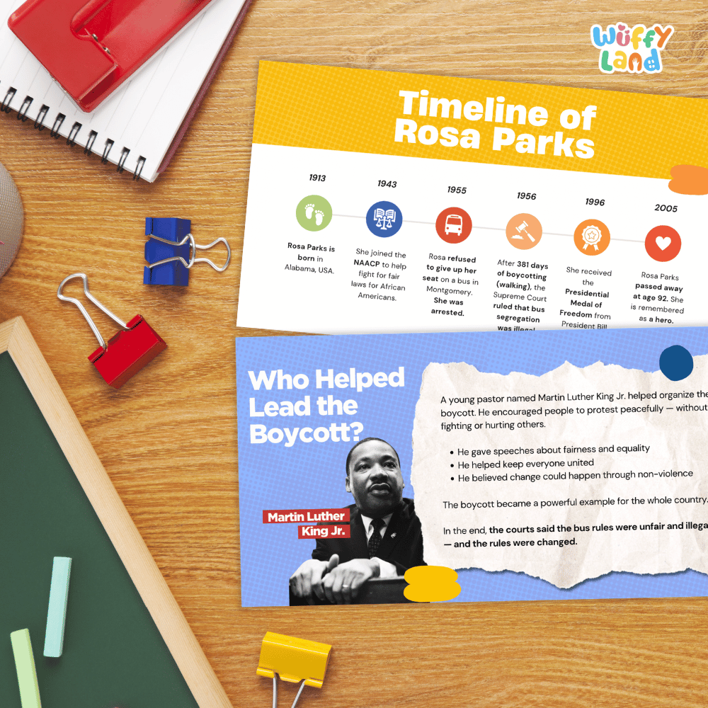 An educational poster titled 'Timeline of Rosa Parks' laid out on a wooden desk, surrounded by school supplies including a spiral notebook, binder clips, and a pencil. The poster features a yellow top section with timeline markers and a blue lower section with a photo of Martin Luther King Jr.